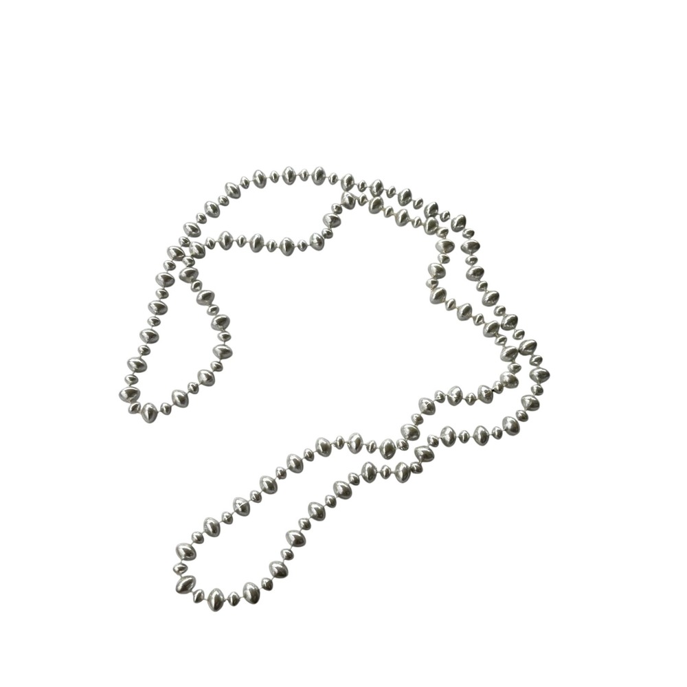 Vintage 90s Silver Faux Pearl Necklace | 54"‎ Extra Long Rice Bead Strand | Y2K